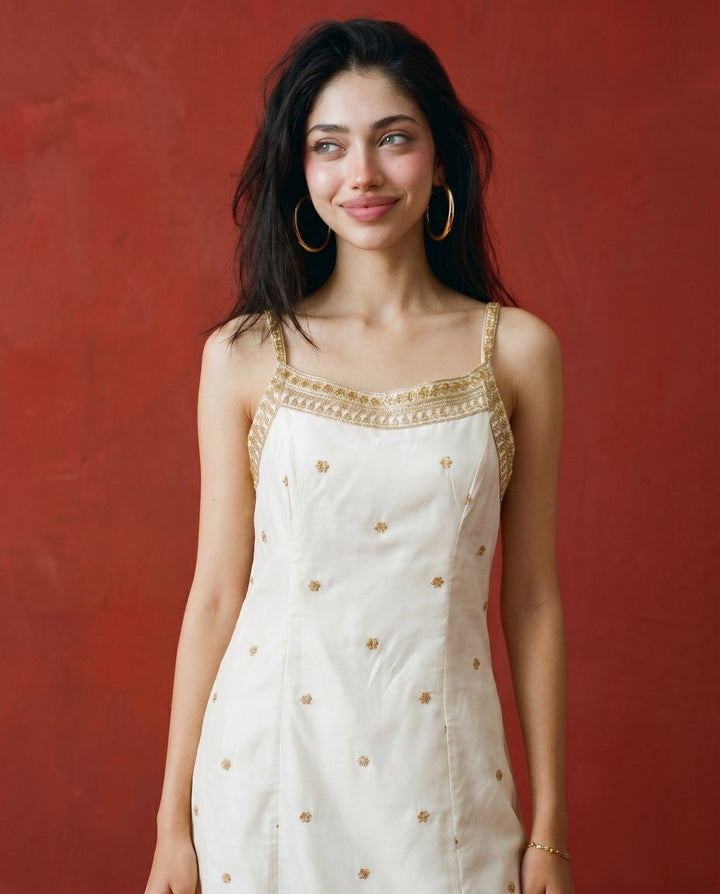 Off White Embroidered Viscose Blended Spaghetti Strap Straight Cut Long Kurta