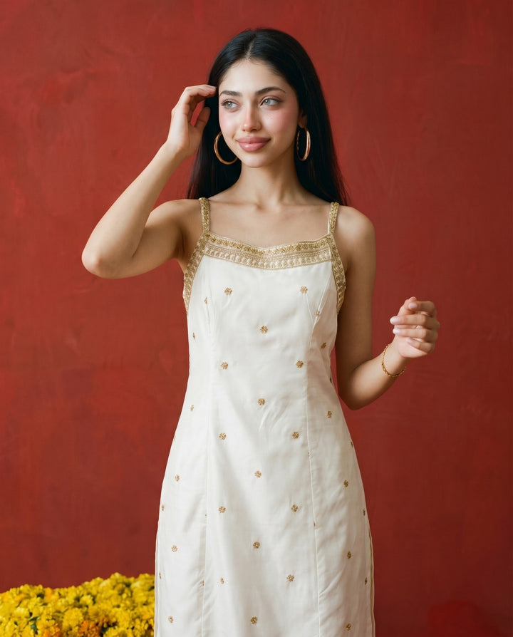 Off White Embroidered Viscose Blended Spaghetti Strap Straight Cut Long Kurta