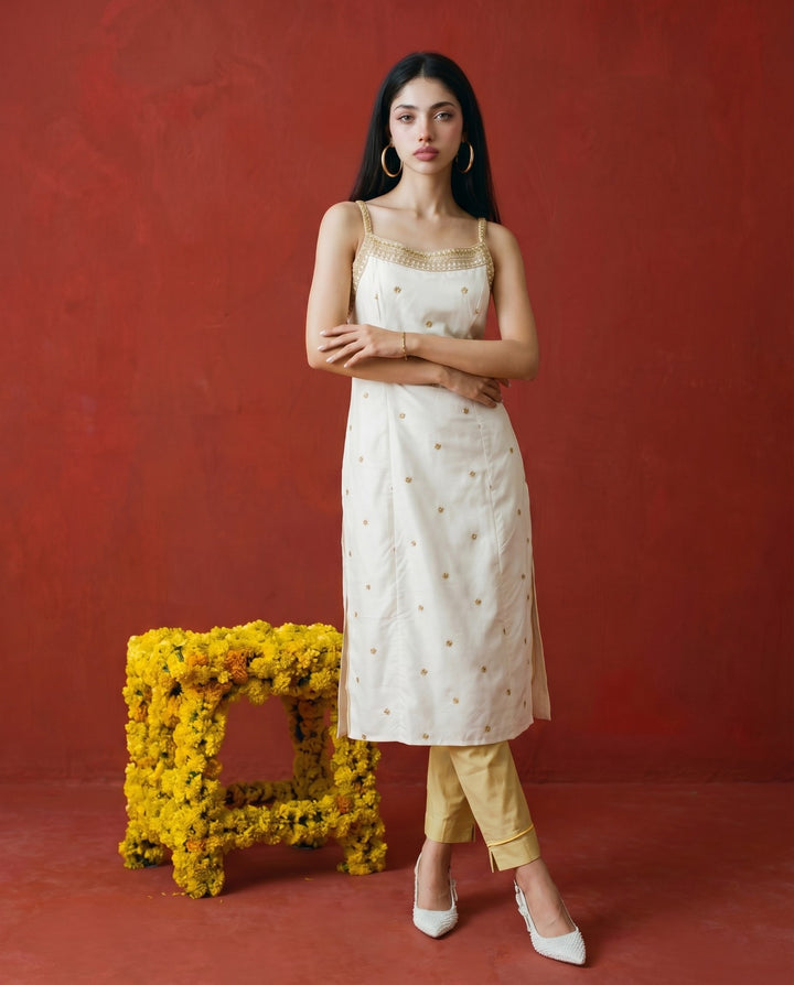Off White Embroidered Viscose Blended Spaghetti Strap Straight Cut Long Kurta