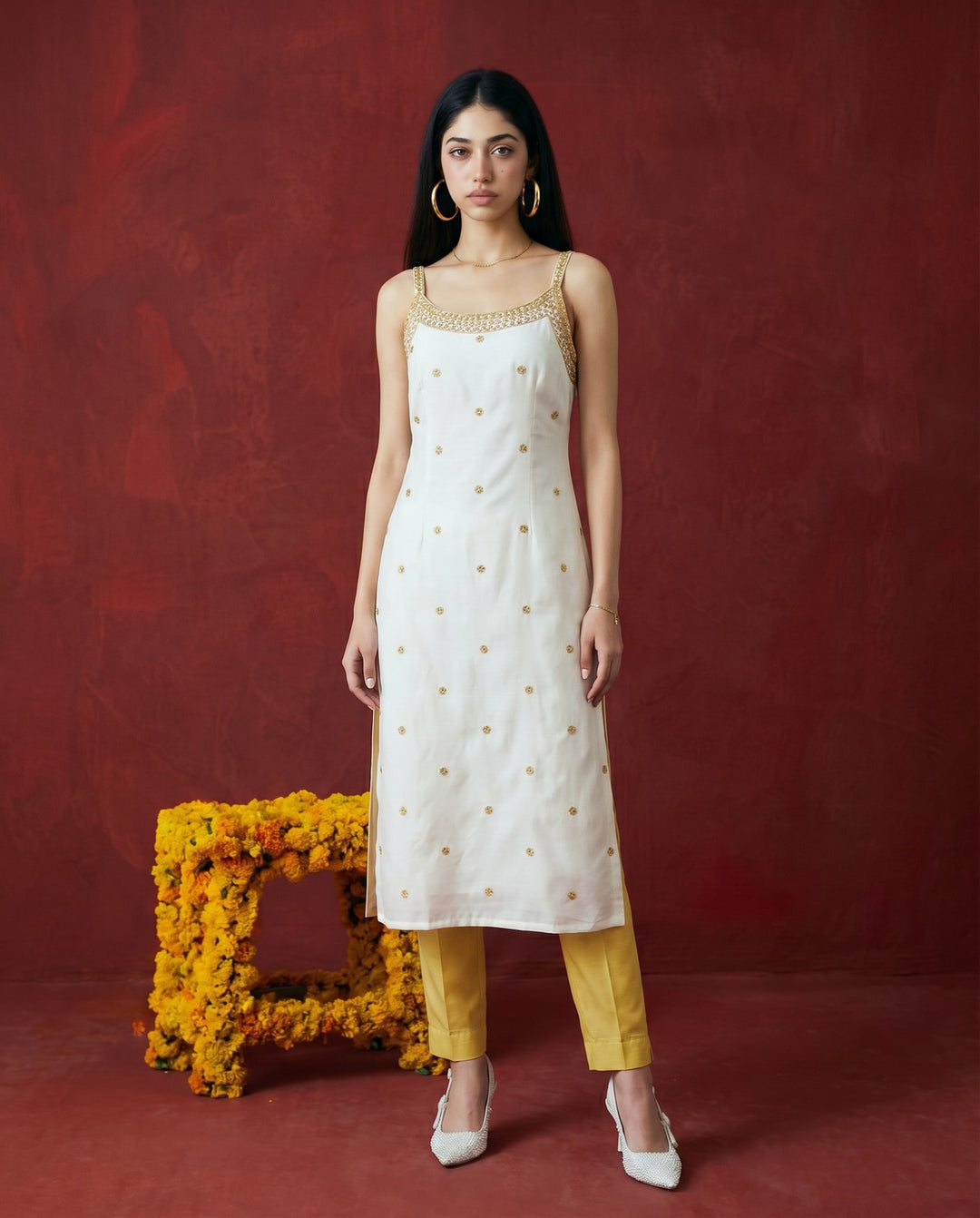 Off White Embroidered Viscose Blended Spaghetti Strap Straight Cut Long Kurta