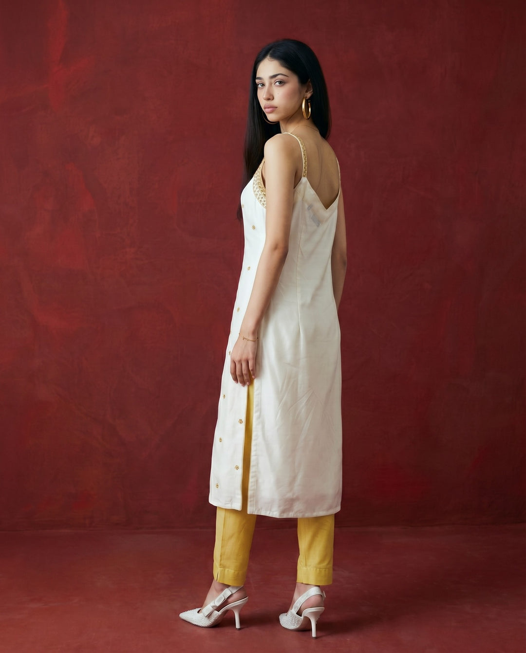 Off White Embroidered Viscose Blended Spaghetti Strap Straight Cut Long Kurta