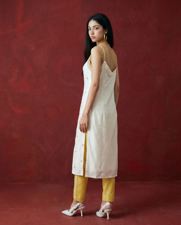 Off White Embroidered Viscose Blended Spaghetti Strap Straight Cut Long Kurta