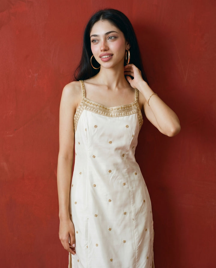Off White Embroidered Viscose Blended Spaghetti Strap Straight Cut Long Kurta