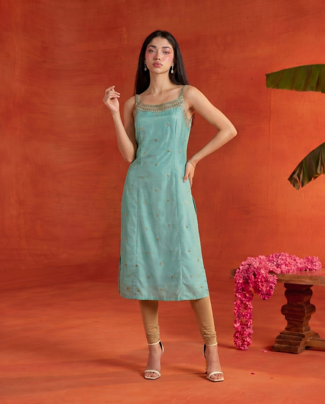 Turquoise Embroidered Viscose Blended Spaghetti Strap Straight Cut Long Kurta