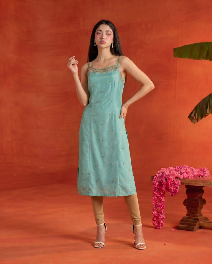Turquoise Embroidered Viscose Blended Spaghetti Strap Straight Cut Long Kurta