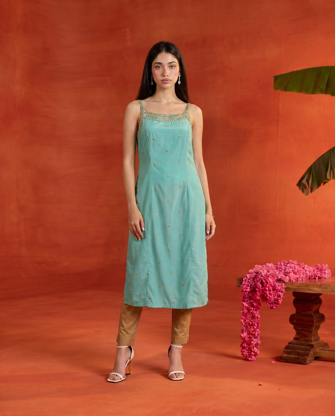 Turquoise Embroidered Viscose Blended Spaghetti Strap Straight Cut Long Kurta