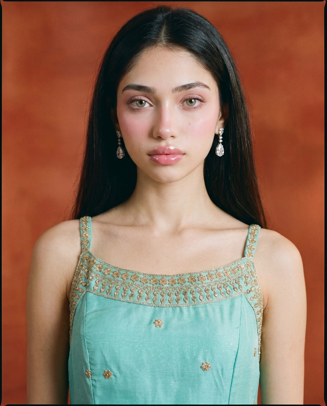 Turquoise Embroidered Viscose Blended Spaghetti Strap Straight Cut Long Kurta