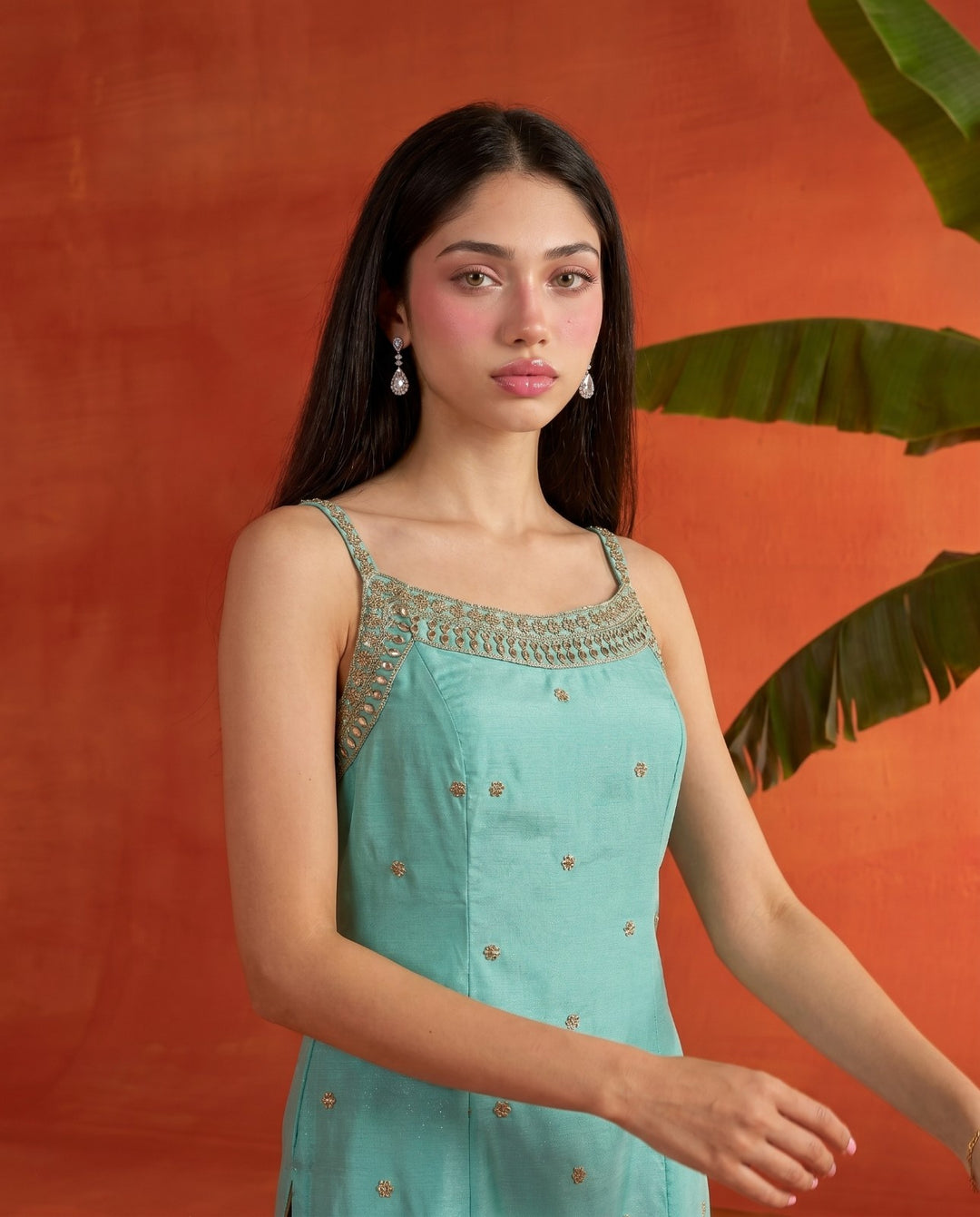 Turquoise Embroidered Viscose Blended Spaghetti Strap Straight Cut Long Kurta