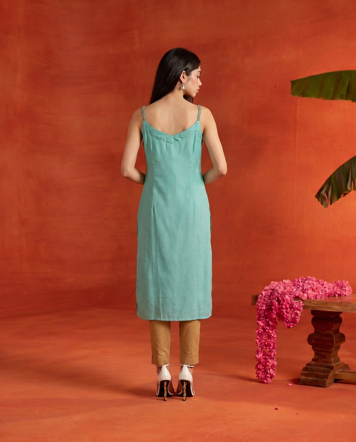 Turquoise Embroidered Viscose Blended Spaghetti Strap Straight Cut Long Kurta