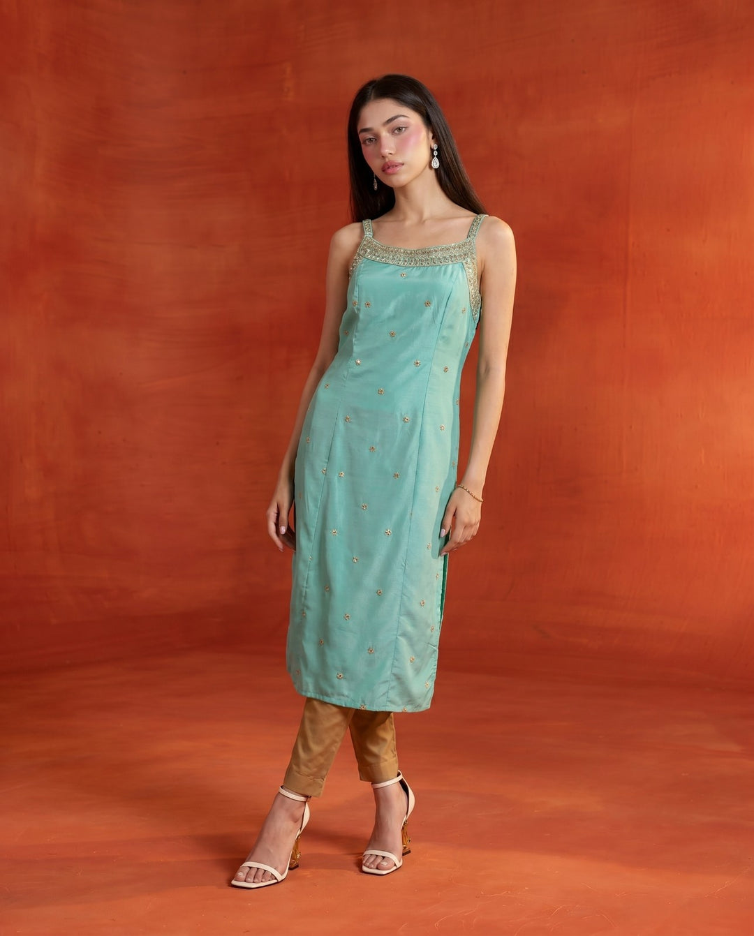 Turquoise Embroidered Viscose Blended Spaghetti Strap Straight Cut Long Kurta
