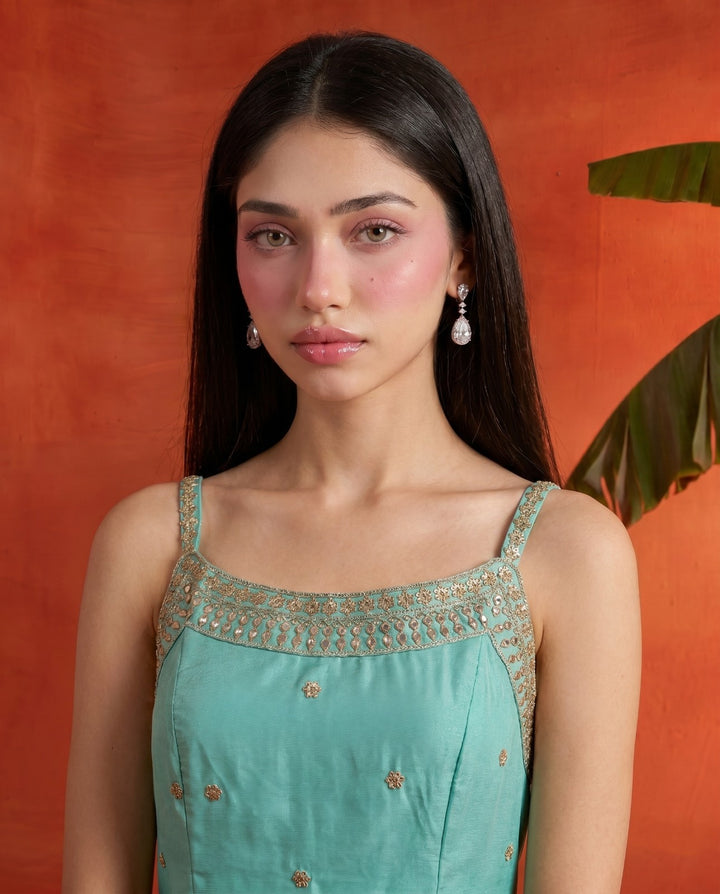 Turquoise Embroidered Viscose Blended Spaghetti Strap Straight Cut Long Kurta