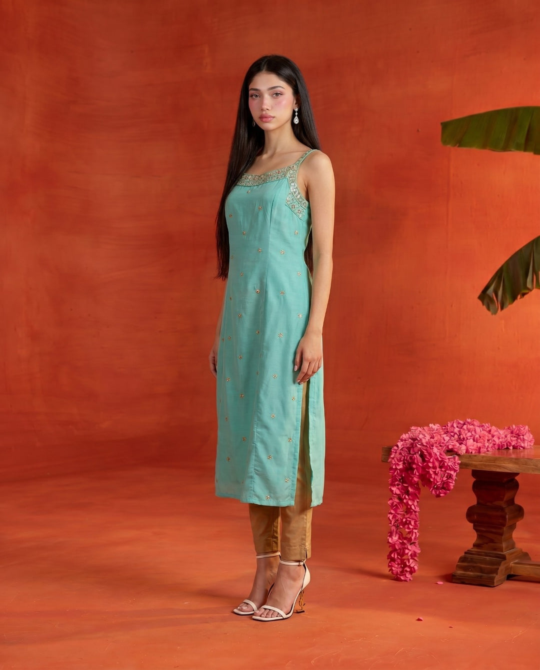 Turquoise Embroidered Viscose Blended Spaghetti Strap Straight Cut Long Kurta