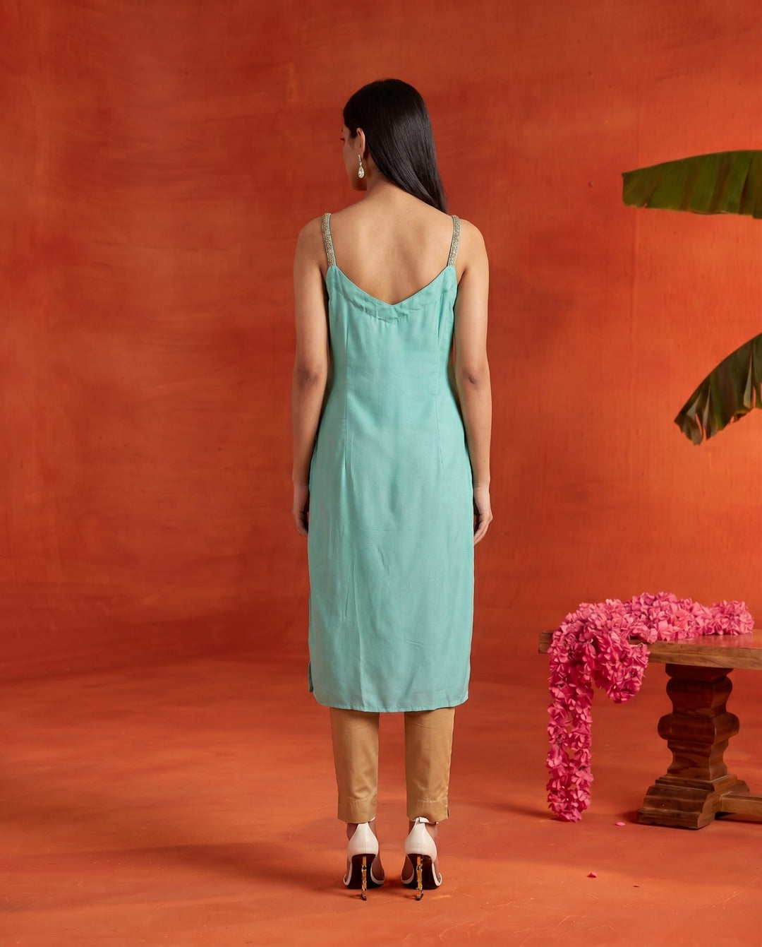 Turquoise Embroidered Viscose Blended Spaghetti Strap Straight Cut Long Kurta