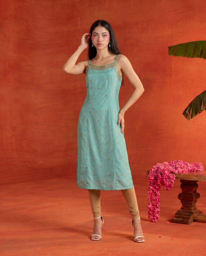 Turquoise Embroidered Viscose Blended Spaghetti Strap Straight Cut Long Kurta