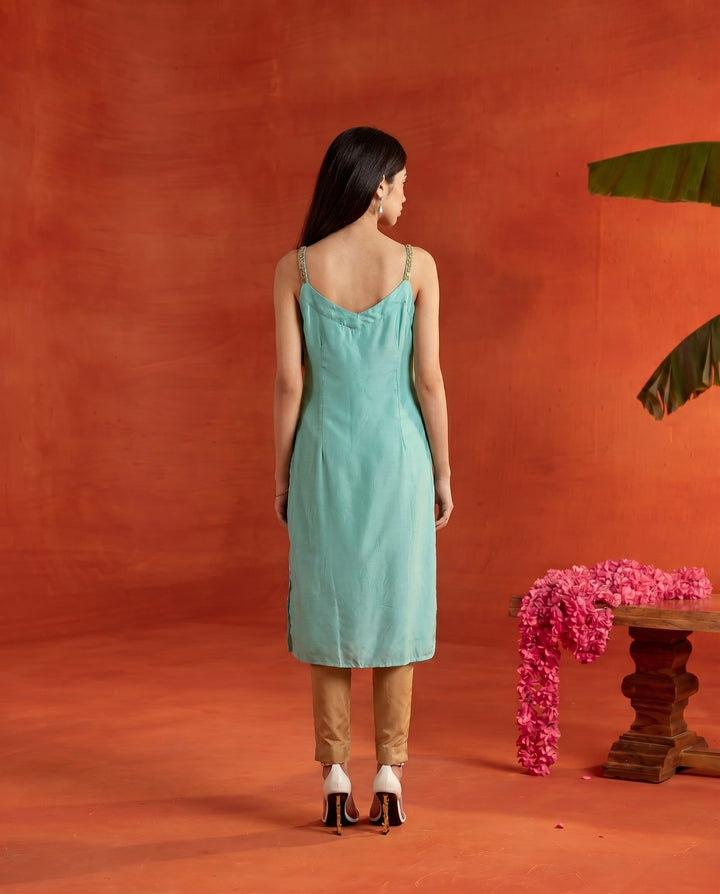 Turquoise Embroidered Viscose Blended Spaghetti Strap Straight Cut Long Kurta
