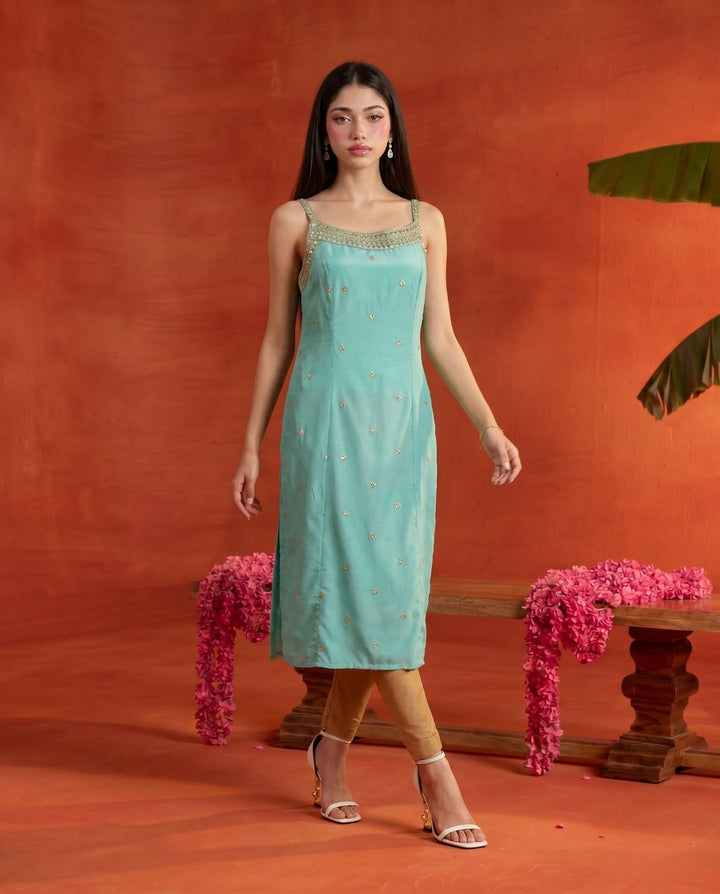 Turquoise Embroidered Viscose Blended Spaghetti Strap Straight Cut Long Kurta