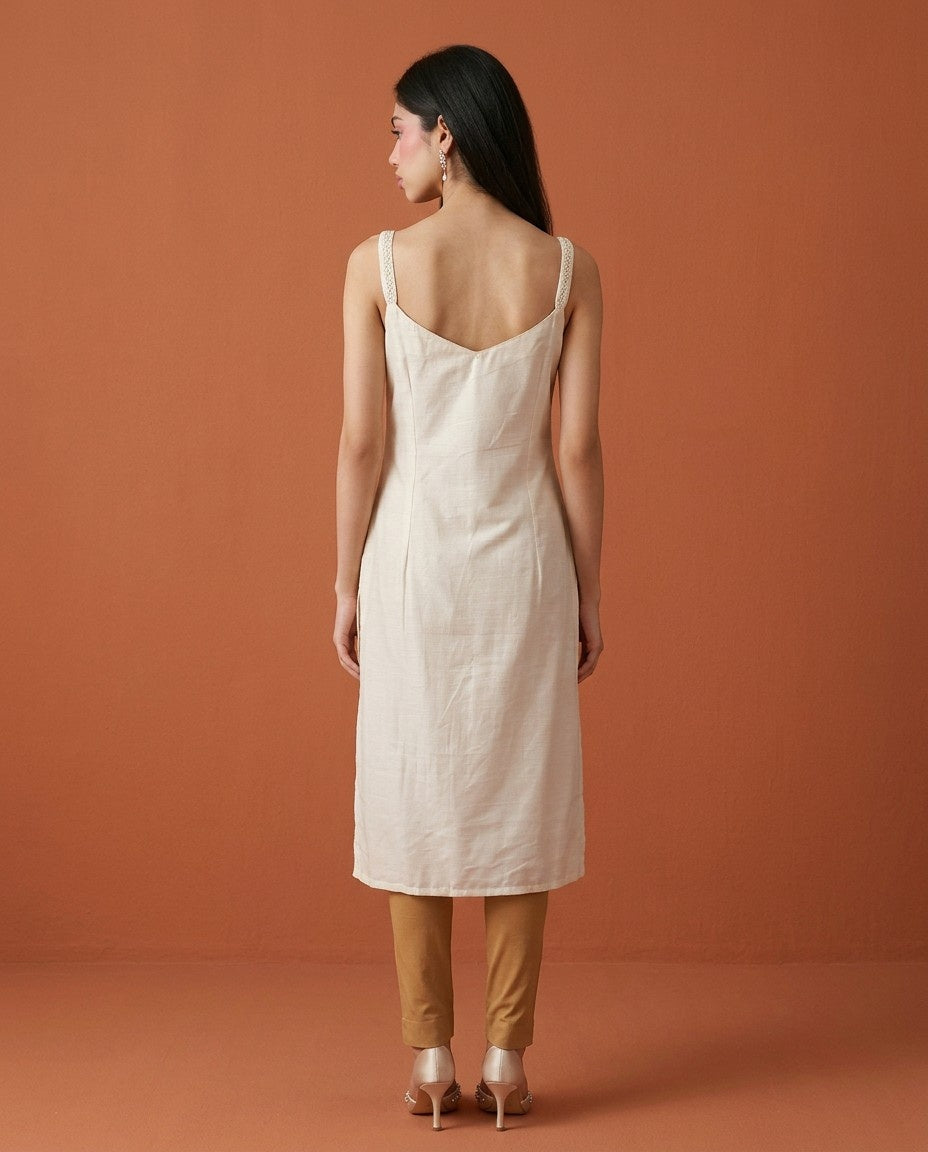 Off White Embroidered Viscose Blended Spaghetti Strap Straight Cut Long Kurta