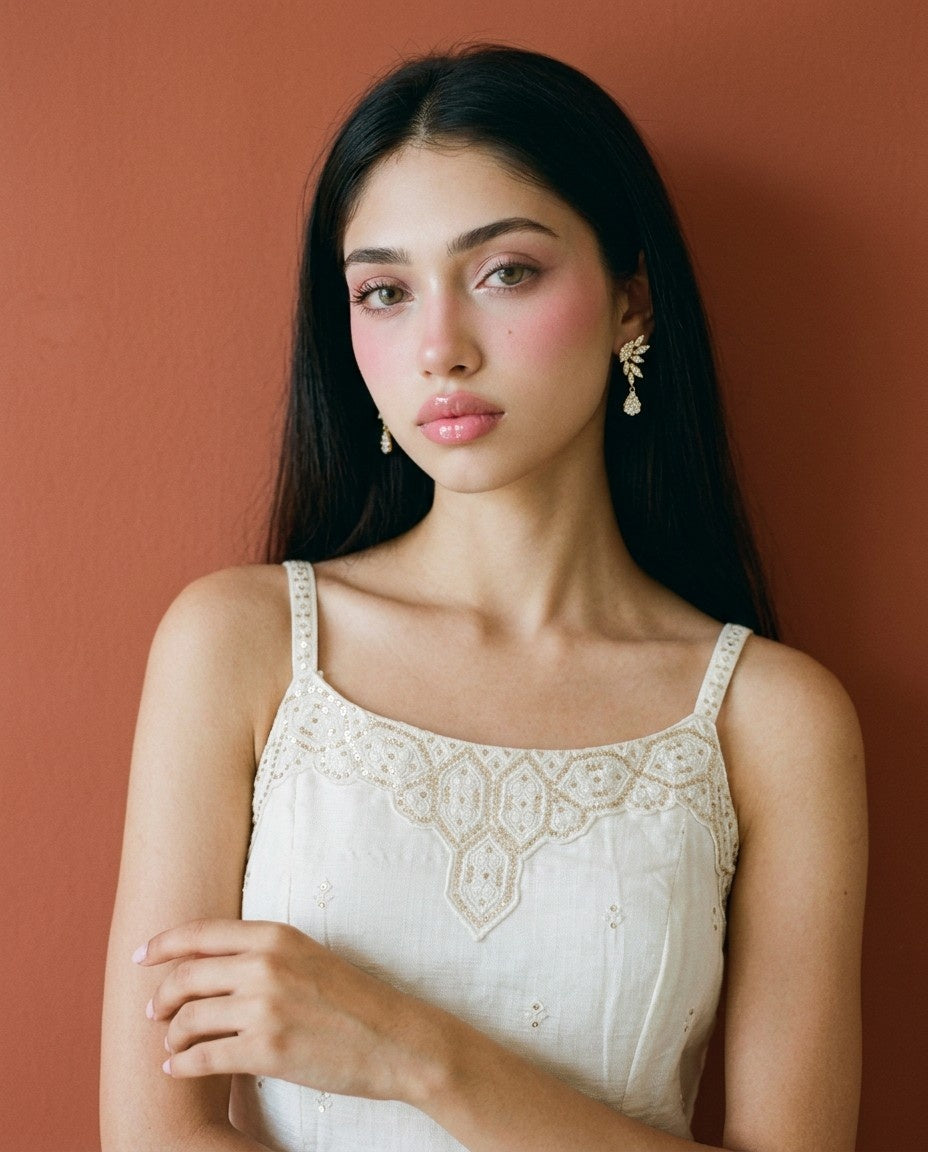 Off White Embroidered Viscose Blended Spaghetti Strap Straight Cut Long Kurta