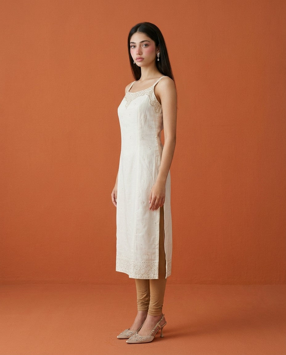 Off White Embroidered Viscose Blended Spaghetti Strap Straight Cut Long Kurta