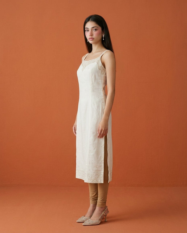 Off White Embroidered Viscose Blended Spaghetti Strap Straight Cut Long Kurta