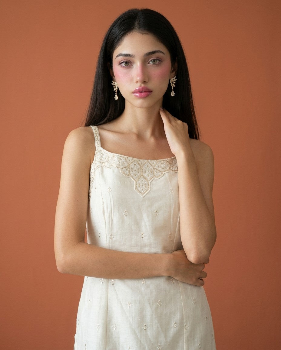 Off White Embroidered Viscose Blended Spaghetti Strap Straight Cut Long Kurta