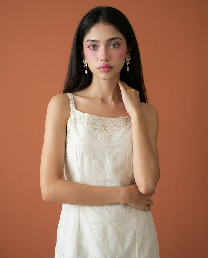 Off White Embroidered Viscose Blended Spaghetti Strap Straight Cut Long Kurta