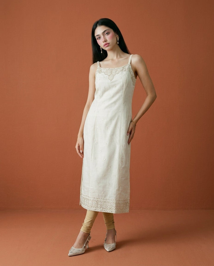 Off White Embroidered Viscose Blended Spaghetti Strap Straight Cut Long Kurta