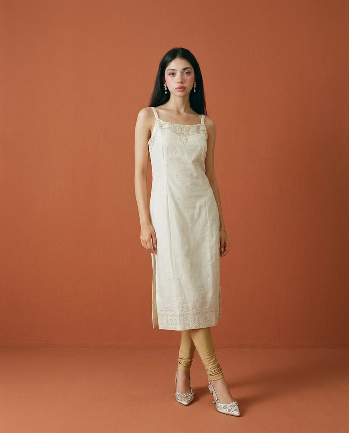 Off White Embroidered Viscose Blended Spaghetti Strap Straight Cut Long Kurta