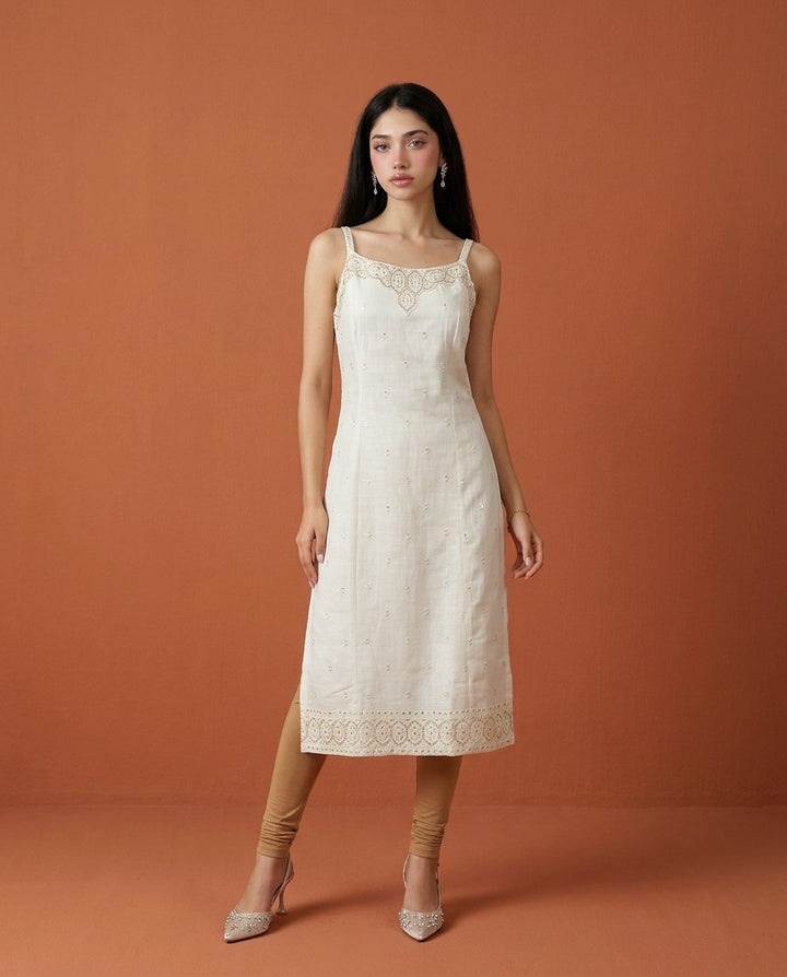 Off White Embroidered Viscose Blended Spaghetti Strap Straight Cut Long Kurta