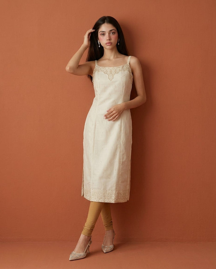 Off White Embroidered Viscose Blended Spaghetti Strap Straight Cut Long Kurta