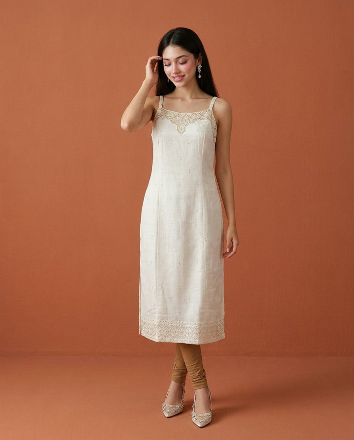 Off White Embroidered Viscose Blended Spaghetti Strap Straight Cut Long Kurta