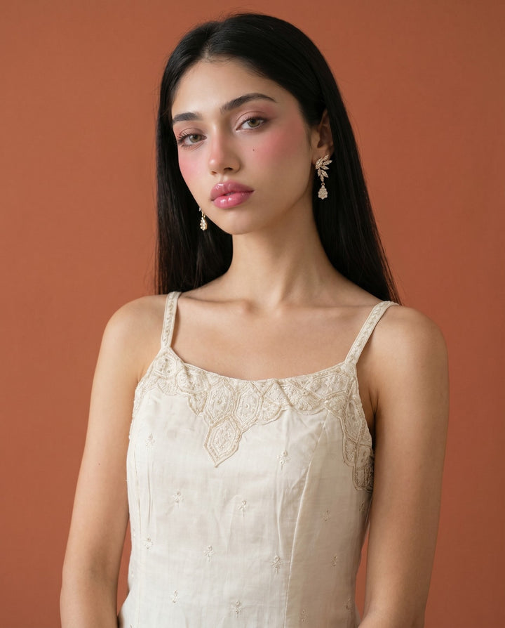 Off White Embroidered Viscose Blended Spaghetti Strap Straight Cut Long Kurta