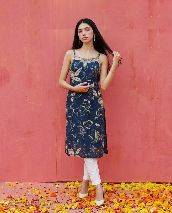 Blue Embroidered Viscose Blended Spaghetti Strap Straight Cut Long Kurta