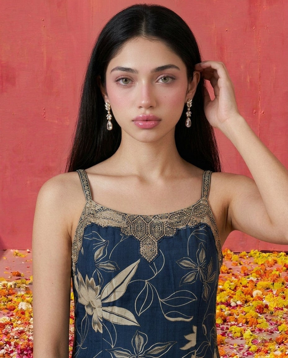 Blue Embroidered Viscose Blended Spaghetti Strap Straight Cut Long Kurta