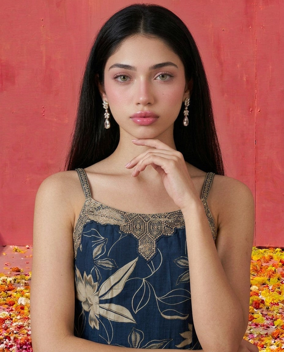 Blue Embroidered Viscose Blended Spaghetti Strap Straight Cut Long Kurta