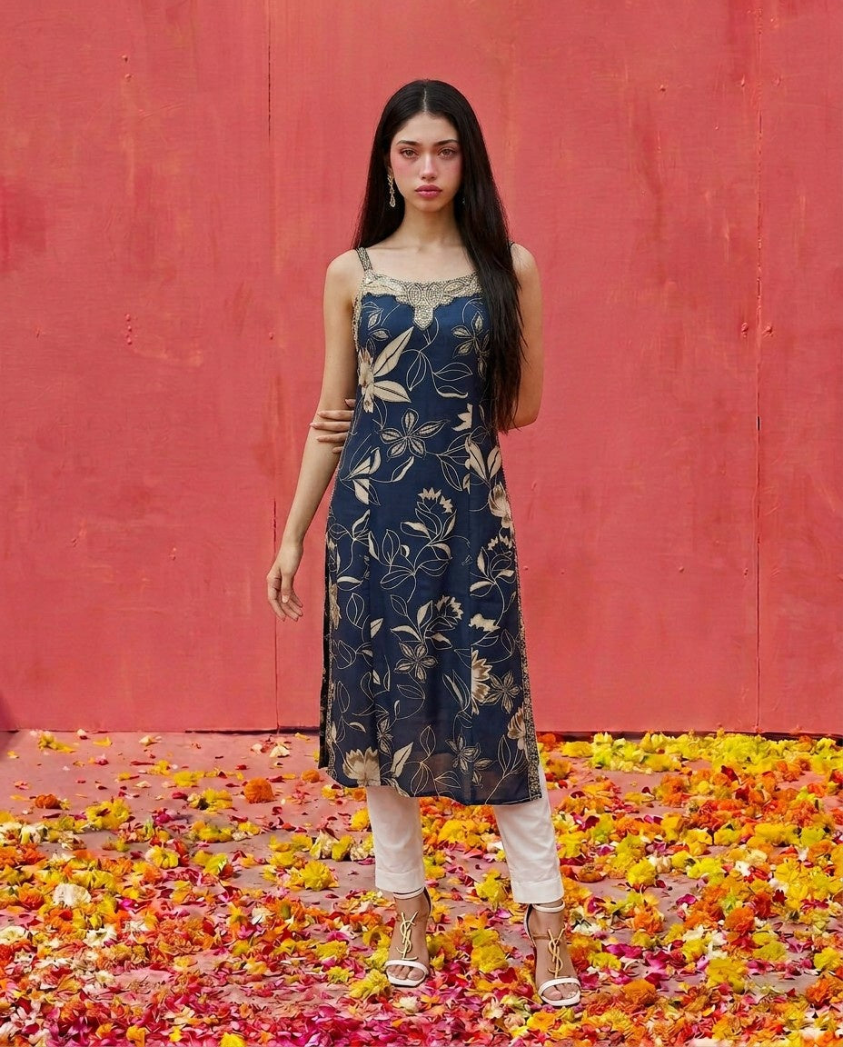 Blue Embroidered Viscose Blended Spaghetti Strap Straight Cut Long Kurta