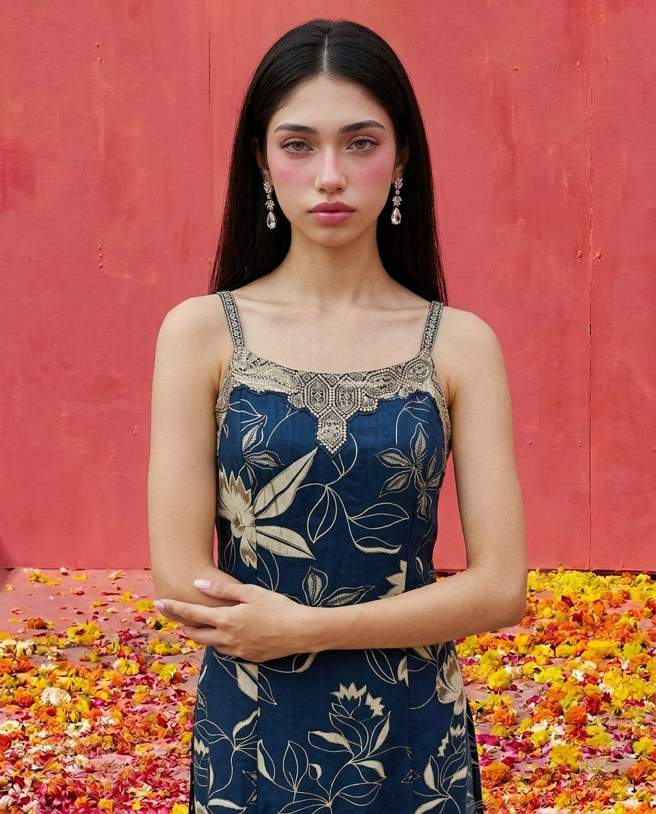 Blue Embroidered Viscose Blended Spaghetti Strap Straight Cut Long Kurta