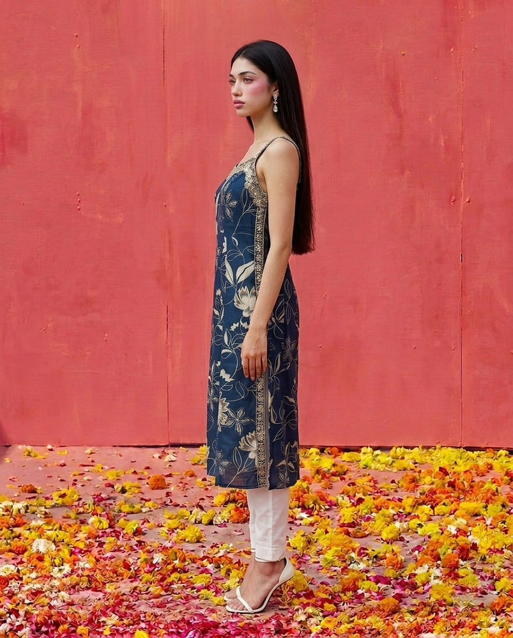 Blue Embroidered Viscose Blended Spaghetti Strap Straight Cut Long Kurta