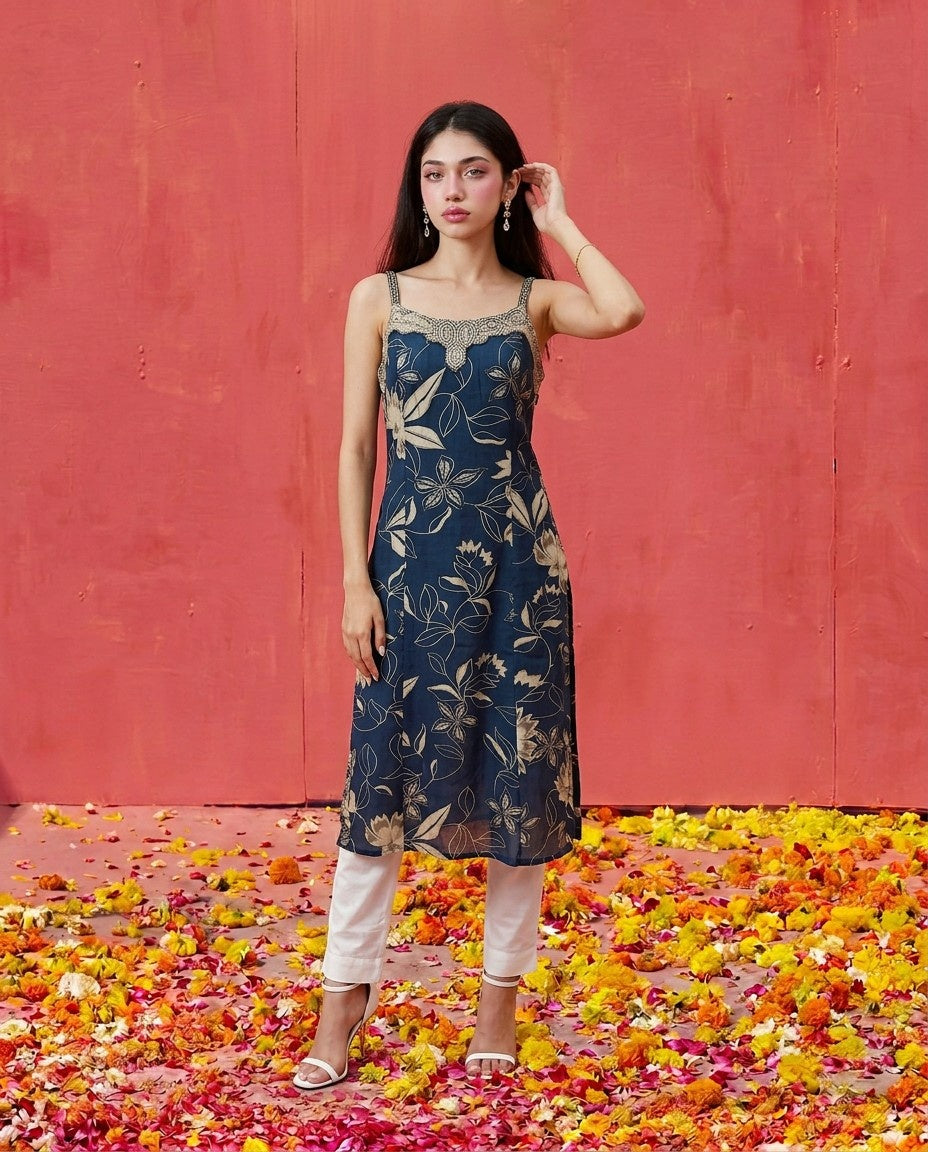 Blue Embroidered Viscose Blended Spaghetti Strap Straight Cut Long Kurta