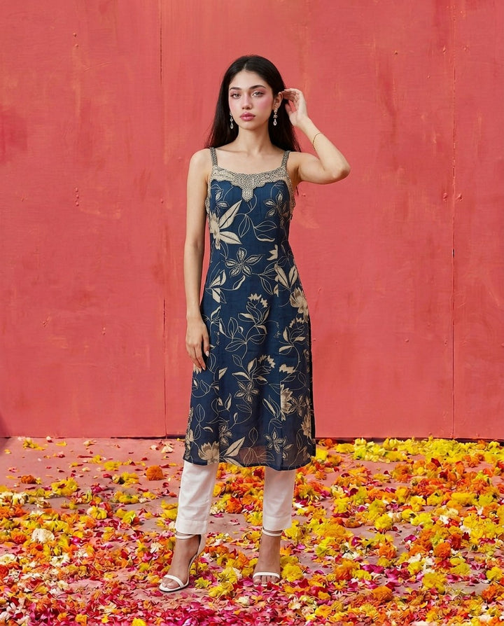Blue Embroidered Viscose Blended Spaghetti Strap Straight Cut Long Kurta