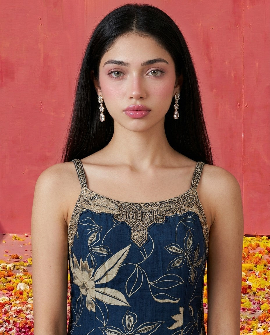 Blue Embroidered Viscose Blended Spaghetti Strap Straight Cut Long Kurta