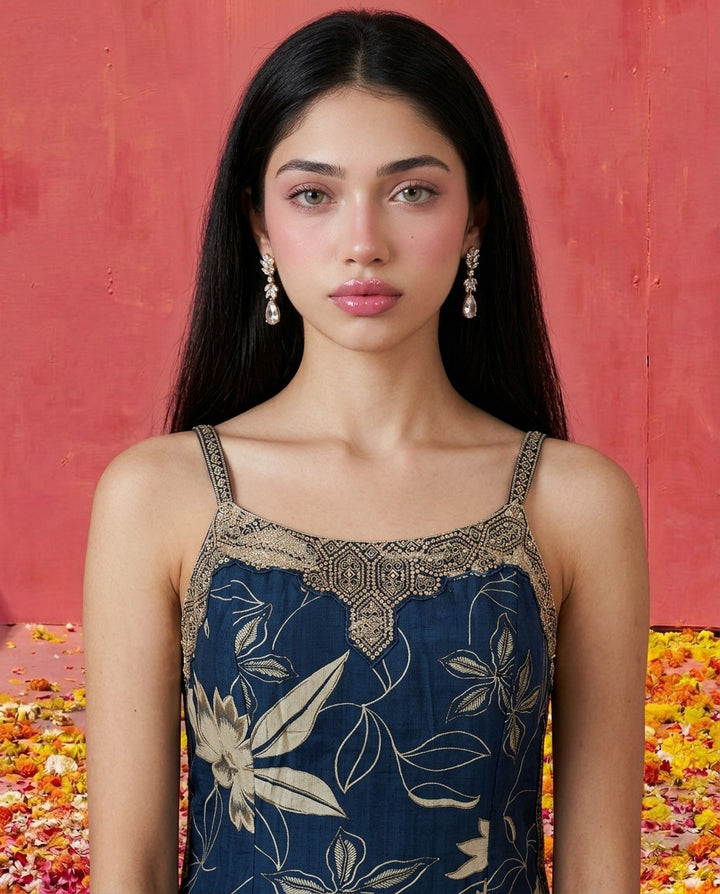 Blue Embroidered Viscose Blended Spaghetti Strap Straight Cut Long Kurta