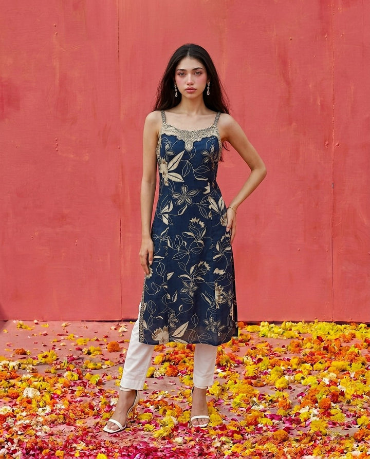 Blue Embroidered Viscose Blended Spaghetti Strap Straight Cut Long Kurta