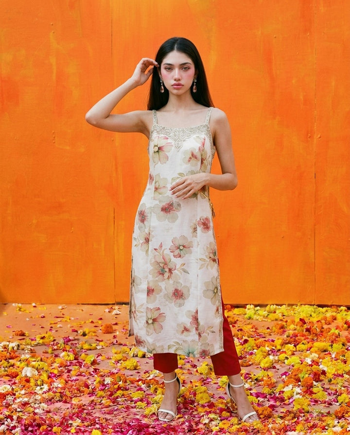 Multi-colour Embroidered Viscose Blended Spaghetti Strap Straight Cut Long Kurta