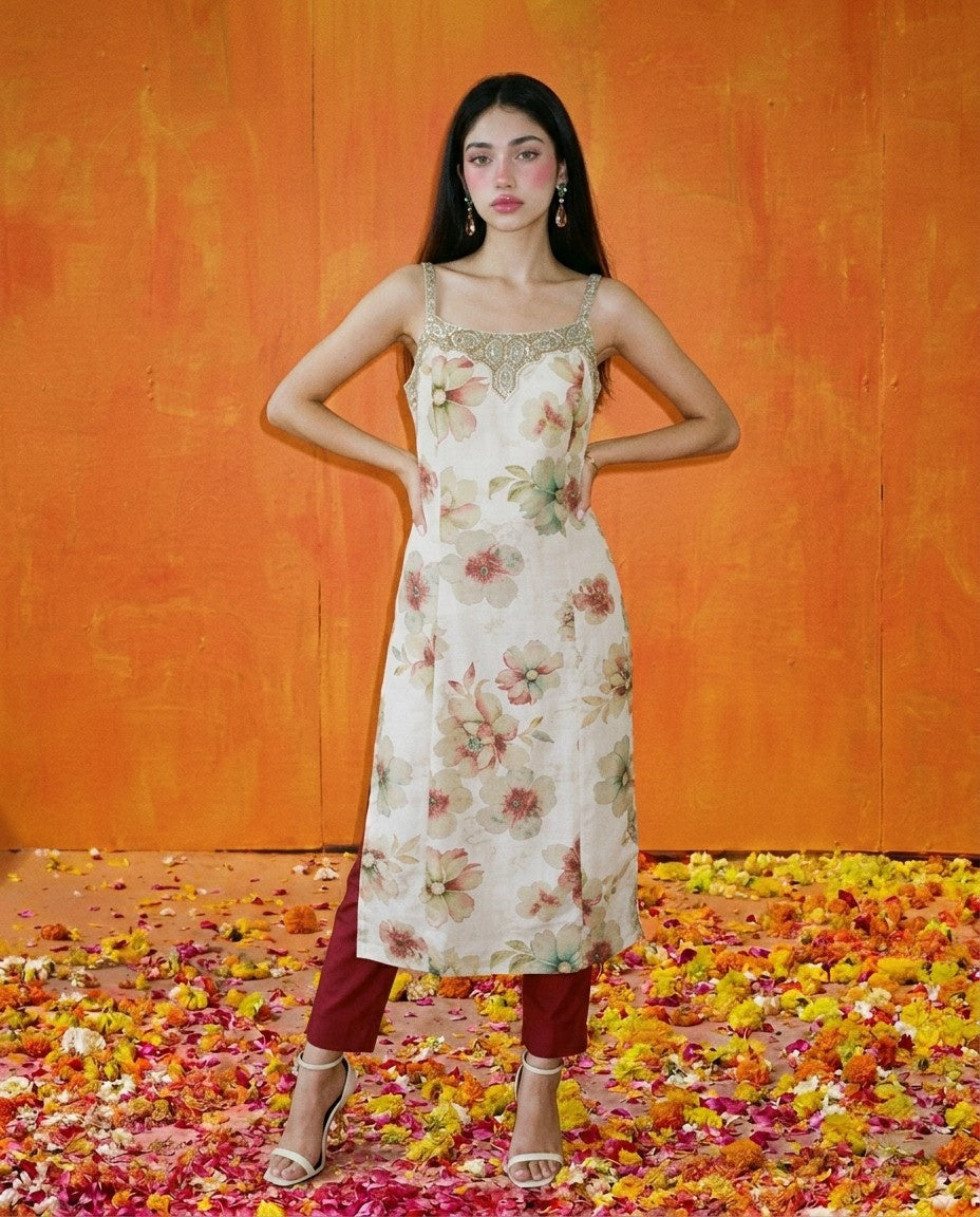 Multi-colour Embroidered Viscose Blended Spaghetti Strap Straight Cut Long Kurta