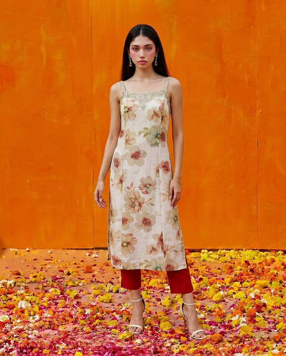 Multi-colour Embroidered Viscose Blended Spaghetti Strap Straight Cut Long Kurta