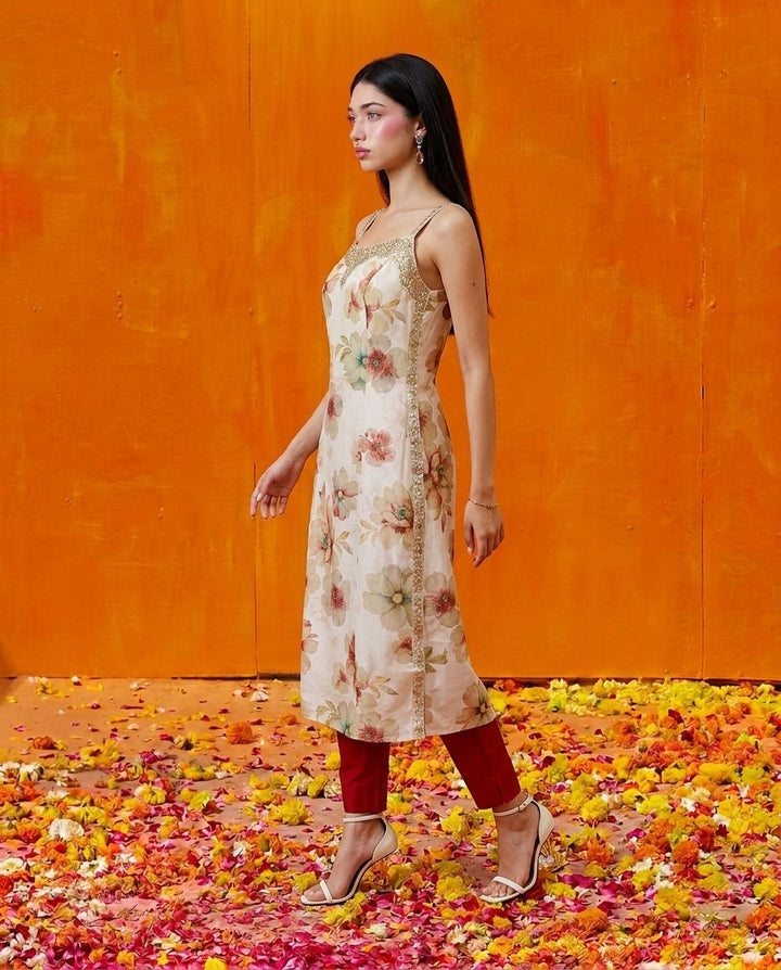 Multi-colour Embroidered Viscose Blended Spaghetti Strap Straight Cut Long Kurta