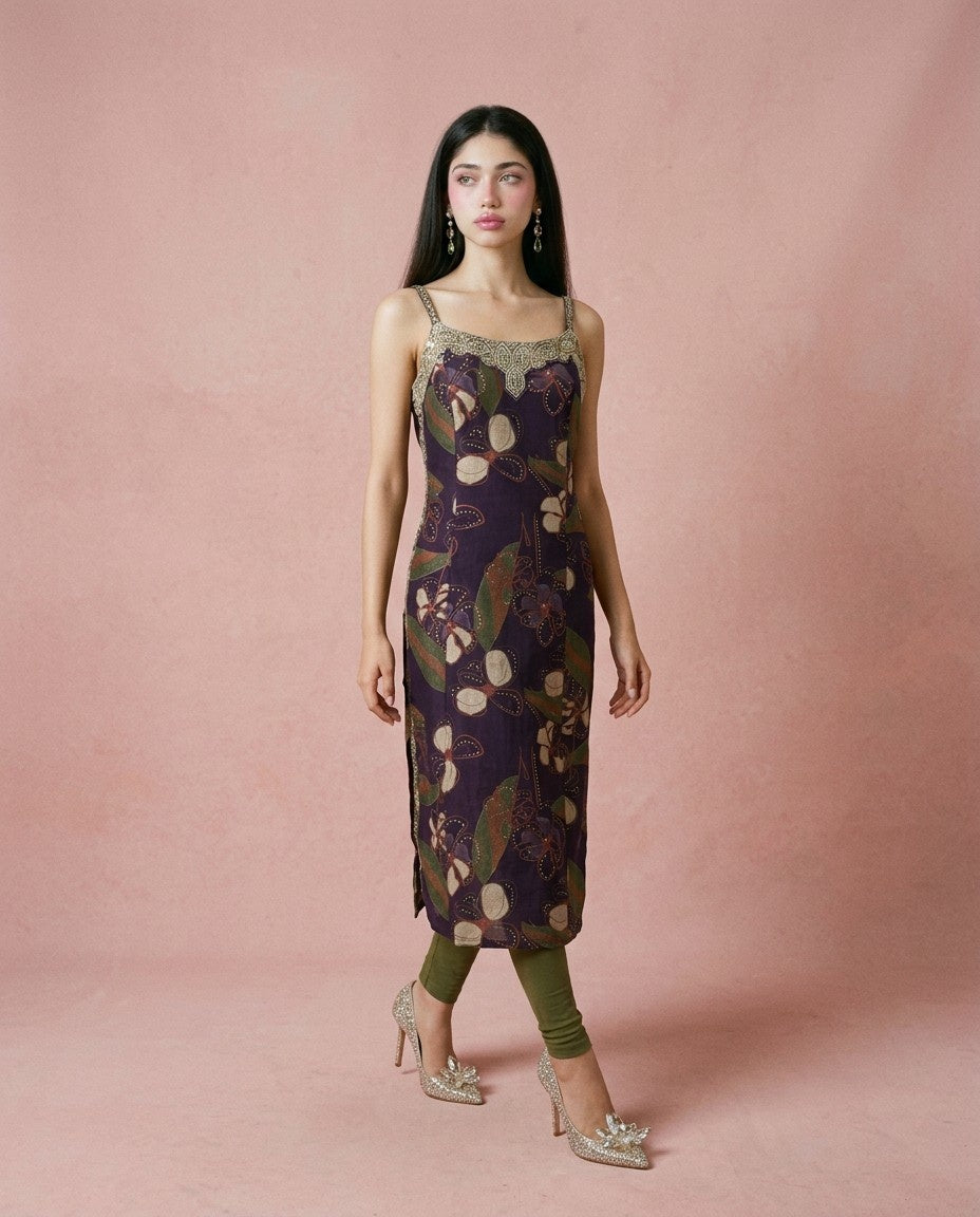Purple Embroidered Viscose Blended Spaghetti Strap Straight Cut Long Kurta