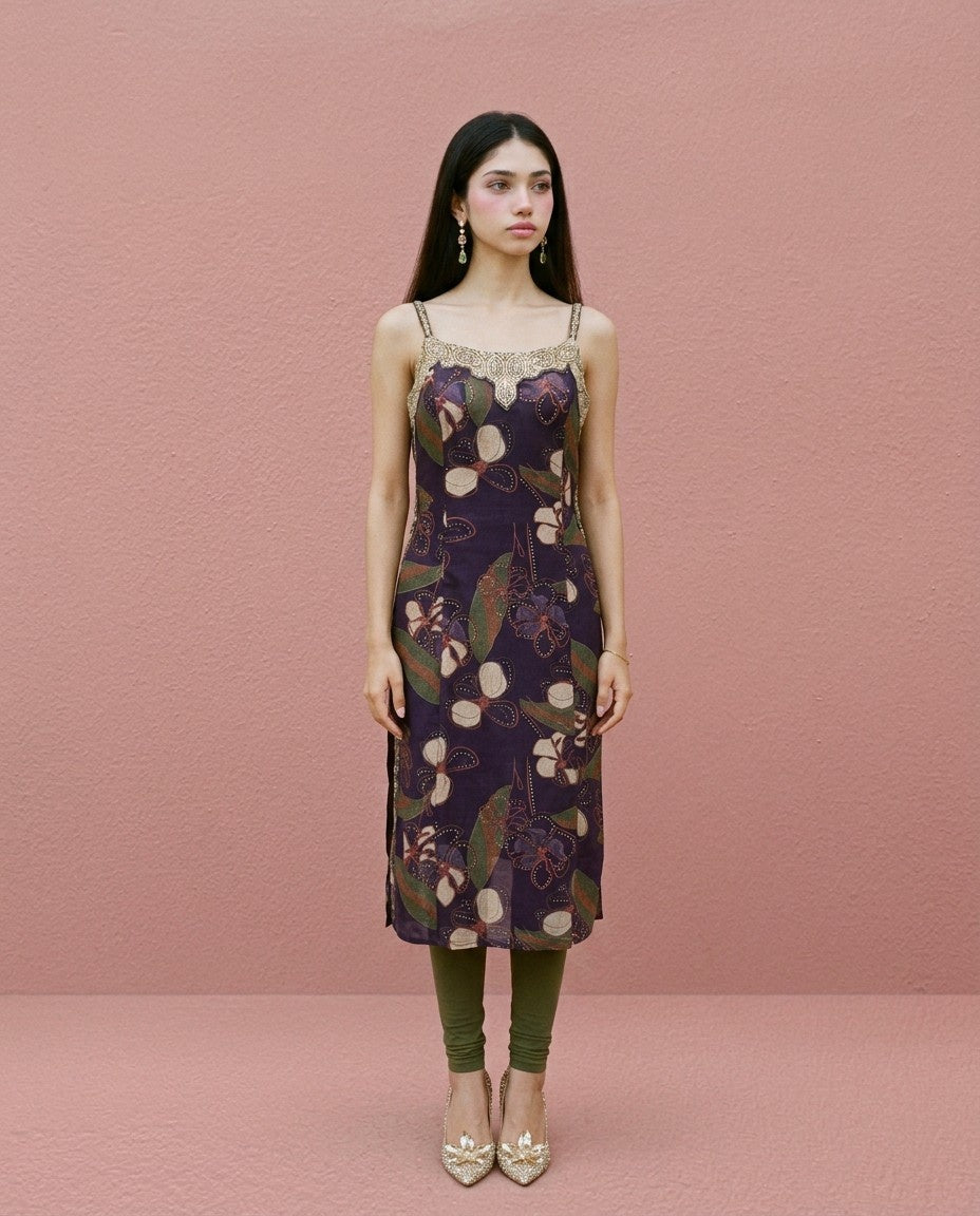Purple Embroidered Viscose Blended Spaghetti Strap Straight Cut Long Kurta