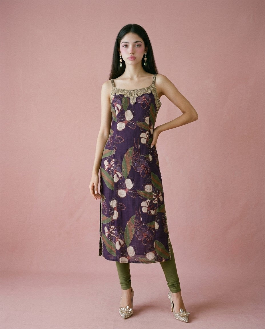 Purple Embroidered Viscose Blended Spaghetti Strap Straight Cut Long Kurta